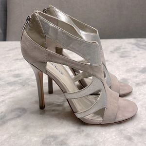 Charles David light grey suede and silver metallic open toe caged high heel. 7M